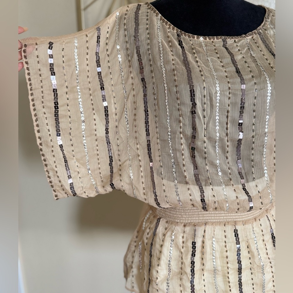 Y2K Beaded Sheer Batwing Blouse Champagne Gold | New Without Tags | Size S - Picture 3 of 14